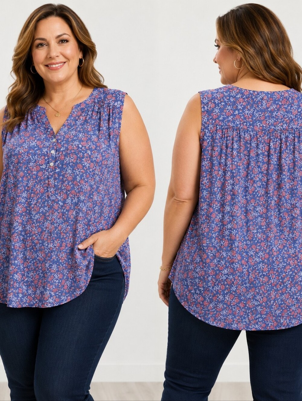 Faded Glory 3X 22W-24W Blue Pink Floral Sleeveless Henley Blouse Cottagecore Boh